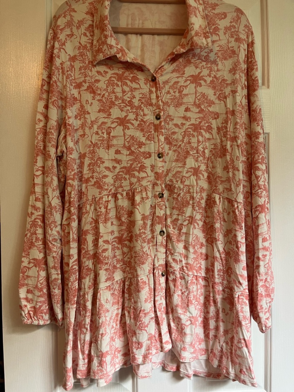 new directions Cream and Coral Long Sleeve Button Front Dress